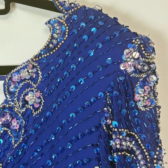 Xanthe Womens Royal Blue Silk V-Neck Beaded Evening Gown W/Sheer Sleeves Size 16 - Picture 8 of 10